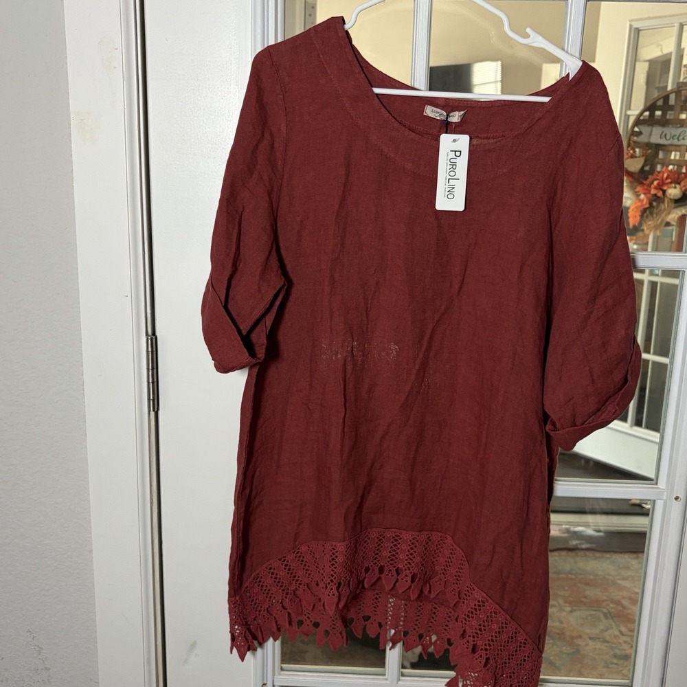 Lungo L'Arno 1X Rust Red Linen Tunic Crochet Lace Hem Boho Lagenlook NWT
